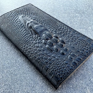 Funda tipo billetera de cuero negro genuino para Apple iPhone 6, 7, 8, 11, 12, 13, 14, 15, 16 Pro Plus, XS, Max, SE, funda tipo libro con ranuras para tarjetas de cocodrilo