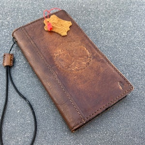 Funda de piel auténtica tipo cartera para Apple iPhone 11, 12, 13, 14, 15, 16 Pro Max, 6, 7, 8 Plus, SE, XS, libro, ranuras para tarjetas vintage, estampado de árbol de la vida