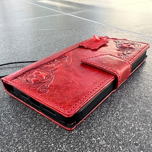 Funda de piel roja genuina ARICHI para Apple iPhone 11, 12, 13, 14, 15, 16 Pro Max, 6, 7, 8 Plus, SE, XS, funda magnética tipo libro, hecha a mano, con estampado de billetera.