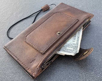 Handmade Leather iPhone Wallet Case: Vintage Zipper Book Cover