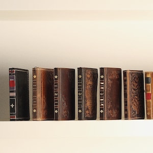 May include: A collection of antique books with leather-bound covers, arranged on a shelf. The books vary in color from dark brown to tan, with some featuring decorative gold accents and red or black spines. The spines are visible, showcasing titles and details.