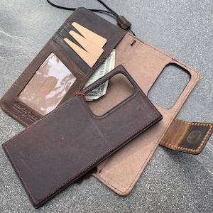 Custodia in vera pelle scura per Samsung Galaxy S22 Ultra Plus 5G, portafoglio rimovibile, chiusura magnetica, slot per carte, supporto staccabile