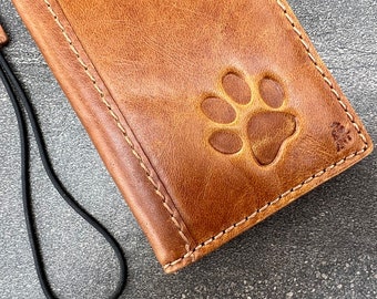 Handmade Tan Leather Phone Wallet Case with Dog Paw Print