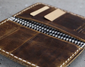 Handmade Vintage Tan Leather Wallet: Slim Plaid Lining