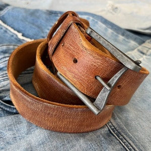 Genuine Vintage Wash Leather Belt Man Woman Waist Handmade Classic Retro Waistband Stone Buckle Style Casual Ari Craft Holes Tan bright