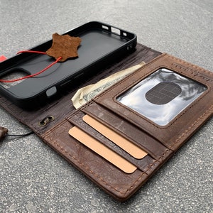 Echt echt lederen hoesje voor Apple iPhone 12 mini portemonnee vintage handgemaakt boekomslag luxe volnerf donker!