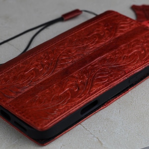 ARICHI Rode vintage bloemen leren Galaxy Case handgemaakte portemonnee voor kaartsleuf voor Samsung Galaxy S25 Edge S24 S23 S22 Ultra Note A71 A52 Draadloos
