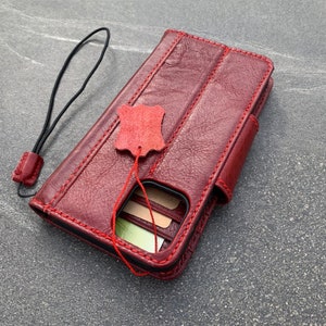Housse en cuir véritable pour Apple iPhone 12 Pro Style Portefeuille rouge pour cartes de crédit, support magnétique pour livre, luxe vintage, recharge sans fil