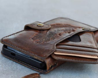 Handmade Crazy Horse Leather Embossed Feather Wallet Case for Pixel 10a, Vintage Card Holder