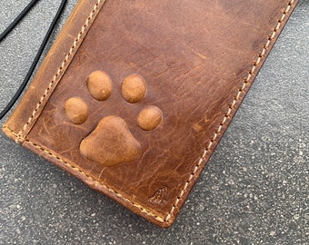 Handmade Leather Wallet Book Cover for Galaxy - Dog Paw Design