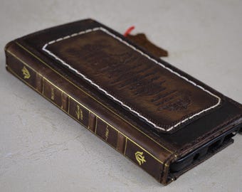 Handmade Leather For Galaxy Phone Case: Vintage Book Design