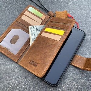 Funda de piel auténtica para iPhone 11/13 Pro Max de Apple, tipo cartera, con tarjetero magnético, color marrón, extraíble, estilo vintage.
