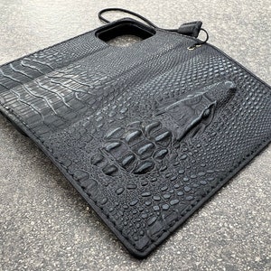Echt vintage zwart lederen portemonnee hoesje voor Apple iPhone 7 8 11 12 13 14 15 16 Pro Plus XS Max SE boekomslag ouderwetse Crocodile Wash
