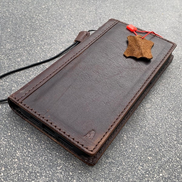 Genuine Leather For Apple iPhone 11 12 13 14 15 Pro Max 6 7 8 plus SE XS Case Wallet Vintage Handmade Cover Book Luxury Full Grain Dark