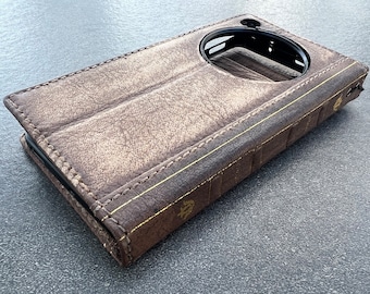 ARICHI Genuine Tan Leather Case Wallet For OnePlus Open Bible Book Vintage Wash cards slots Stone