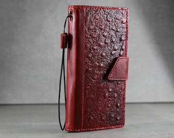 Red Ostrich Embossed Leather Google For Pixel Wallet Case: Book Style Folio
