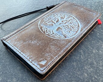 Handmade Leather Case For Galaxy Phone Wallet Case: White Wash Tree of Life