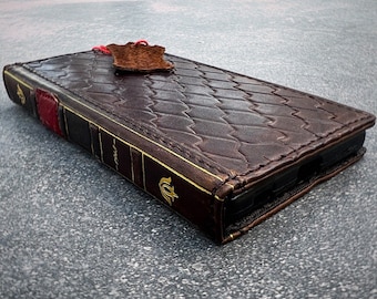 Handmade Leather Wallet Case for Motorola: Stamped Book Design