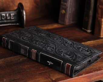 Handmade Leather Bible Book Phone Case for Pixel, Vintage Wallet Cover Old Book