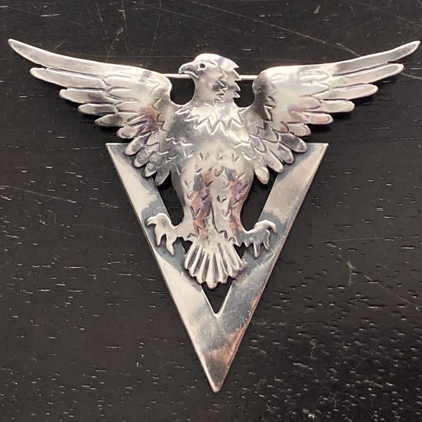Huge Sterling Silver WWII Era Patriotic Victory Eagle Brooch
