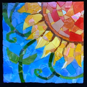 Sunflower mosaic wall art - Stained glass tile on wooden canvas is ready to hang - Vibrant blue and yellow wall hanging - One of a kind