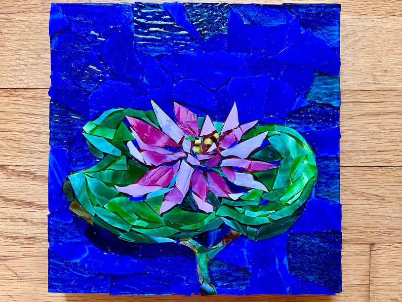 Stained Glass Lily Pad Mosaic , Lotus Flower Mosaic Wall Art Colored