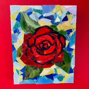 Rose mosaic wall art; vibrant red, blue and green stained glass on wooden canvas is ready to hang; one of a kind wall art; rose wall art