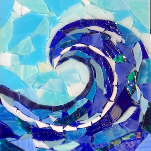 Outdoor wave mosaic wall art; stained glass on sealed and waterproofed cement board is yours to hang inside or outdoors; one of a kind art