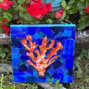 Sea coral mosaic wall art; custom beach wall hanging; beach house art; one of a kind sea life mosaic for beach cottage; coral art mosaic