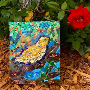 Bird mosaic wall art; stained glass and sequins on canvas is ready to hang; mixed media wall art; vibrant yellow and blue wall hanging
