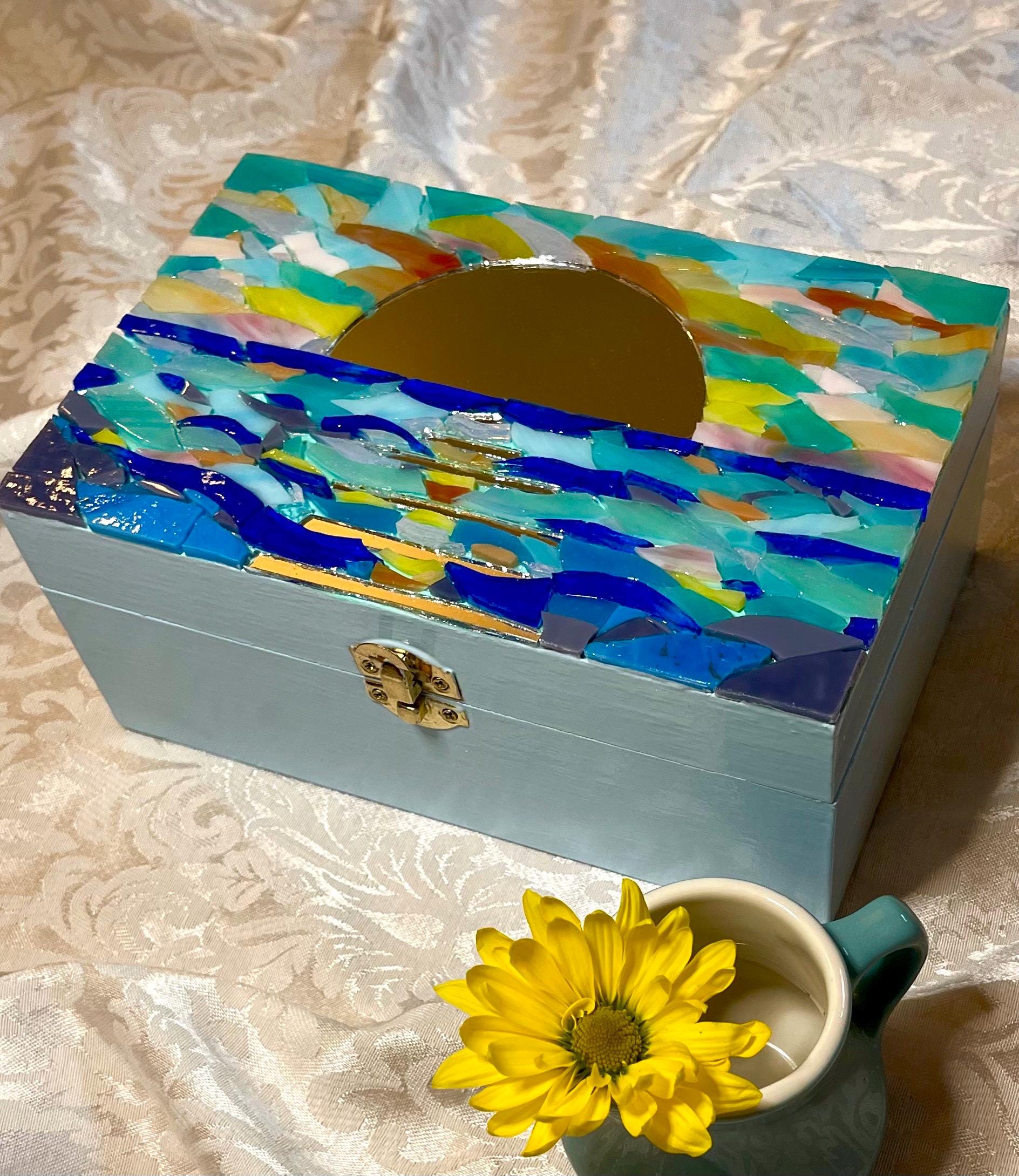 Sunset Mosaic Memory Box; Hand Painted Wooden Mosaic Trinket Box