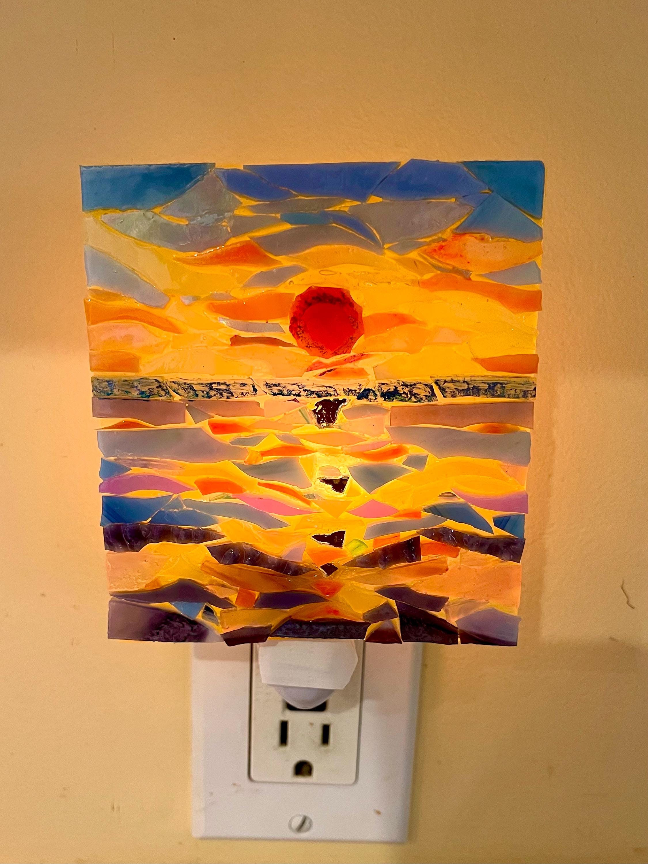 Ocean Sunset Stained Glass Mosaic Art Night Light - Beach House Decor
