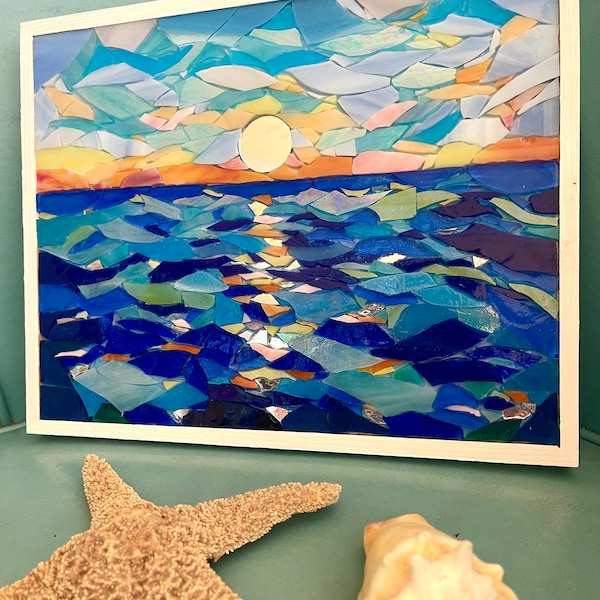 Ocean sunset mosaic; beach mosaic wall art; stained glass mosaic wall hanging; beach house decor;  beach lover wall art; Art mirror wall art