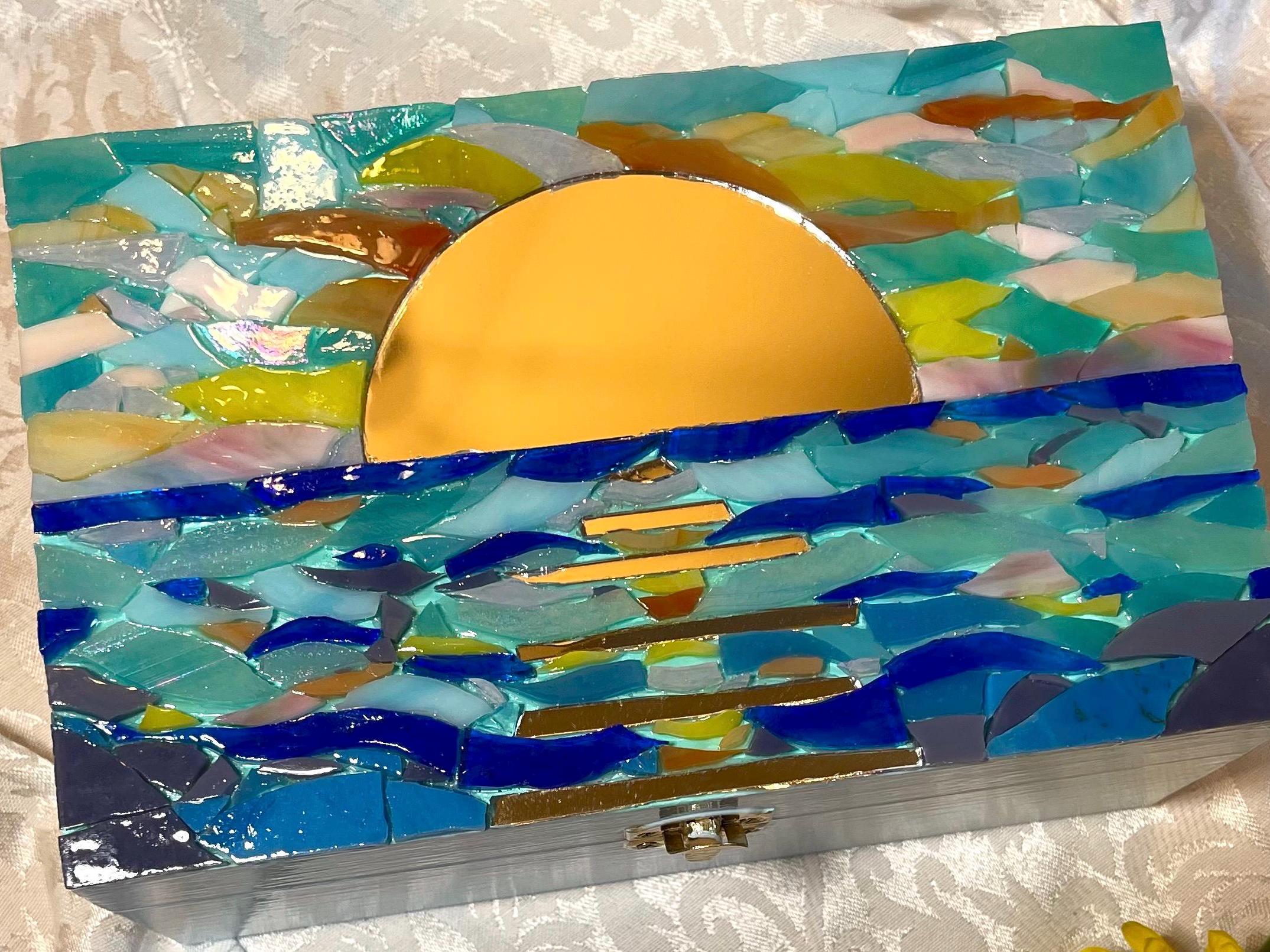 Sunset Mosaic Memory Box; Hand Painted Wooden Mosaic Trinket Box