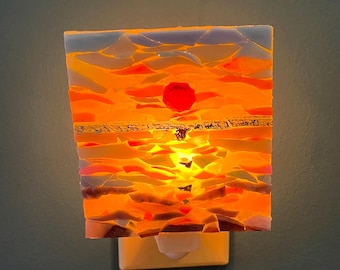 Ocean Sunset Stained Glass Mosaic Art Night Light - Beach House Decor