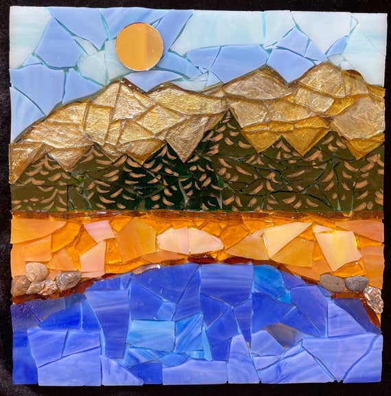 Stained Glass Mountain Lake Mosaic Art, Handmade Wall Decor - Etsy