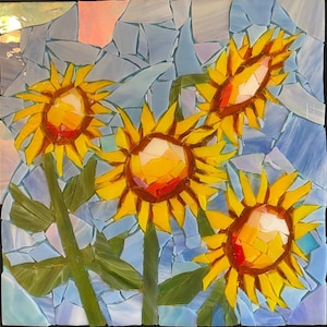 Sunflower mosaic wall art- Stained glass on wooden canvas is ready to hang- Vibrant blue and yellow wall hanging- One of a kind