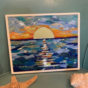 Ocean sunset mosaic; beach mosaic wall art; stained glass mosaic wall hanging; beach house decor;  beach lover wall art; Art mirror wall art