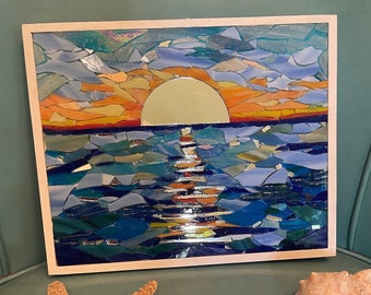 Ocean sunset mosaic; beach mosaic wall art; stained glass mosaic wall hanging; beach house decor;  beach lover wall art; Art mirror wall art