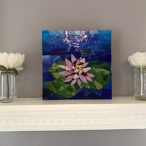 Stained glass lily pad mosaic - mosaic wall art - vibrant blue and pink lotus mosaic; nature lover gift; lotus flower mosaic wall art