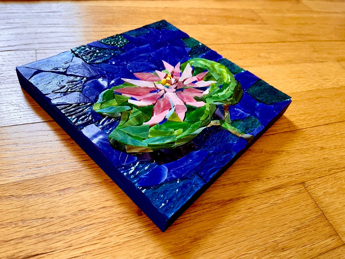 Stained glass lily pad mosaic vibrant blue green and pink Etsy