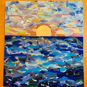 Ocean sunset mosaic; beach mosaic wall art; stained glass mosaic wall hanging; beach house decor;  beach lover wall art; Art mirror wall art