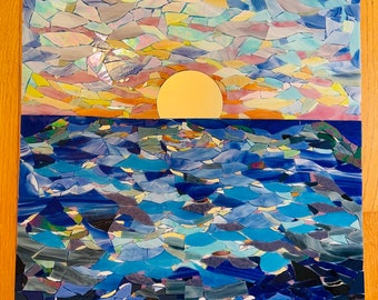 Ocean sunset mosaic; beach mosaic wall art; stained glass mosaic wall hanging; beach house decor;  beach lover wall art; Art mirror wall art