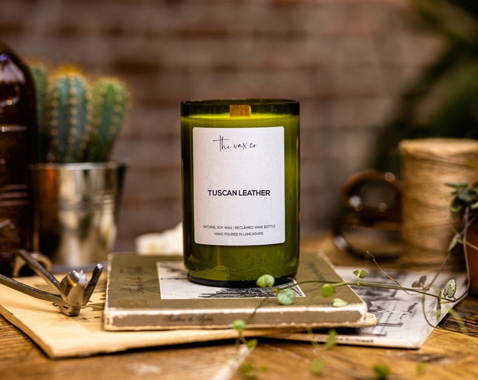 Tuscan Leather Scent Lockdown Gifts Upcycled Vegan Wine Bottle Candle Eco Friendly Candle Soy Candle