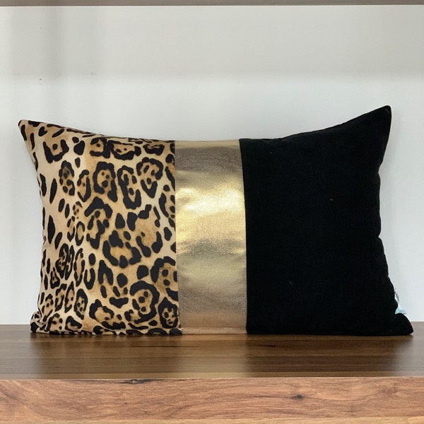 Leopard Pillow Cover|Black and Gold Pillows|Leopard Lumbar Pillow Case|Gold Throw Pillow|Black Cushion|Cheetah Cushion|Leopard Pattern Decor