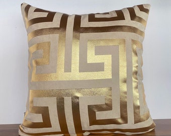 Gold Pillow Cover|Beige and Gold Pillow Cover|Gold Cushion|Gold Throw Pillows|Gold Home Decor|Greek Pillows