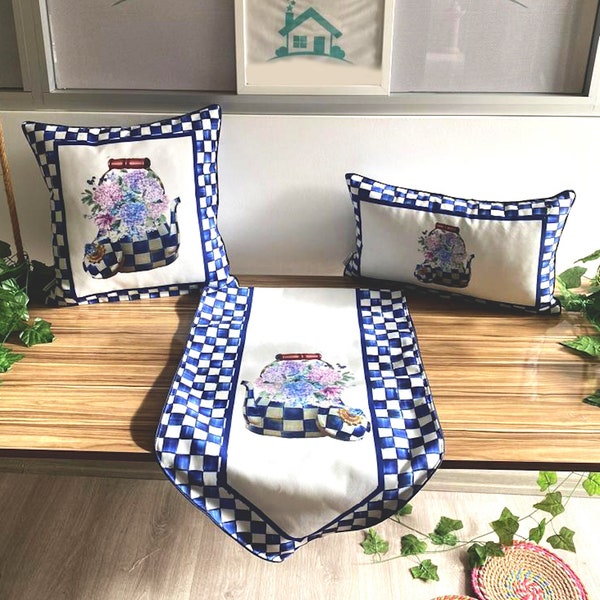 Chinoiserie Pillow Cover, Blue and White Oriental Cushion Cover, Chinese Couch Pillow,  Asian Vase Decor, Blue White Checkered Pillow Case