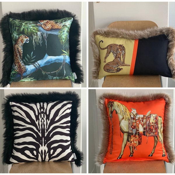 Animal Print Pillow Cover, Faux Fur Pillow, Leopard Print Cushion, Horse Pillow, Zebra Pillow, Fur Edge Pillow. Cheetah Cushion Cover