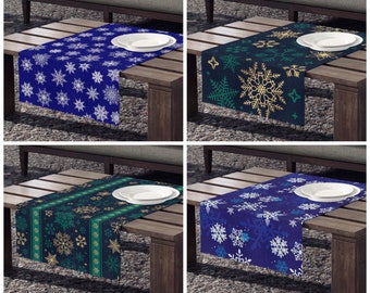 Chemin de table bleu, centre de table de Noël, Snowflake Pattern Runner, chemin de table bleu marine, chemin de table or, chemin de table vert