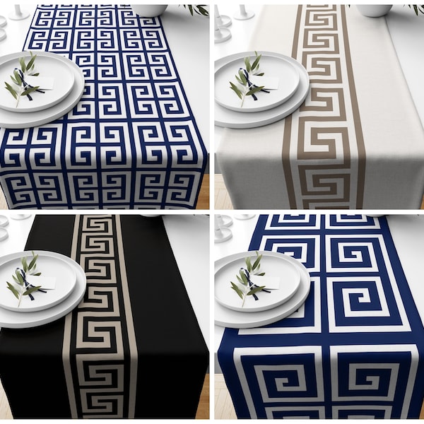 Runner da tavolo con chiave greca Tovaglia bianca blu scuro Decorazioni da tavola greche Runner da tavolo personalizzato Motivo geometrico Bordo con chiave greca Blu scuro e bianco